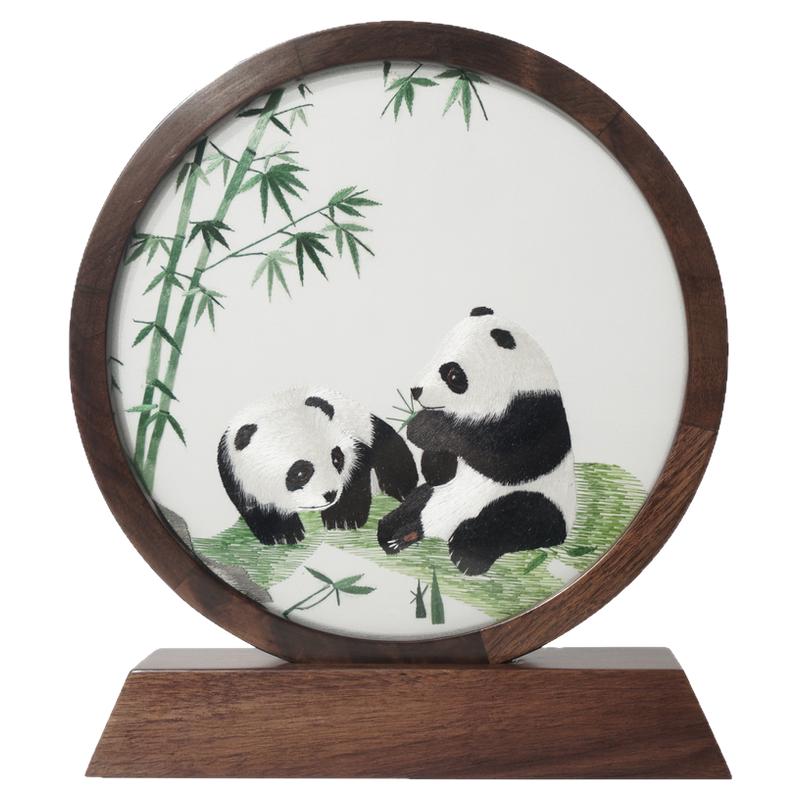 伊飞湘绣胡桃木双面绣桌面摆件熊猫非遗工艺中秋礼品甄选新品包邮