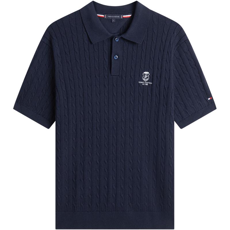 Tommy男装纯棉绞花短袖针织POLO
