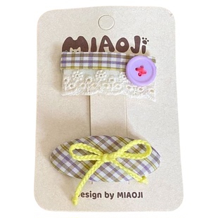 新款清新黄蓝格纹蝴蝶结纽扣儿童发夹小女孩发卡边夹刘海夹发饰