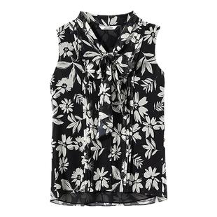 朗姿2025年夏季新款大花飘带领衬衫塔克褶无袖短袖黑白印花上衣女