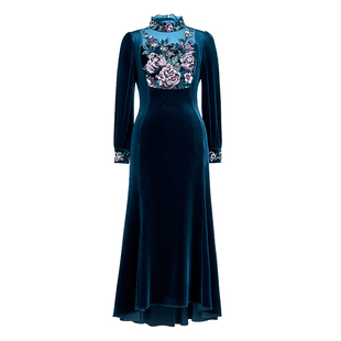 SUSSI/古色春商场同款墨绿色立领高级感丝绒刺绣连衣裙女