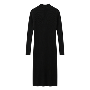 修身秋装长袖针织连衣裙半高领女士毛衣裙秋冬天黑色中长款打底衫
