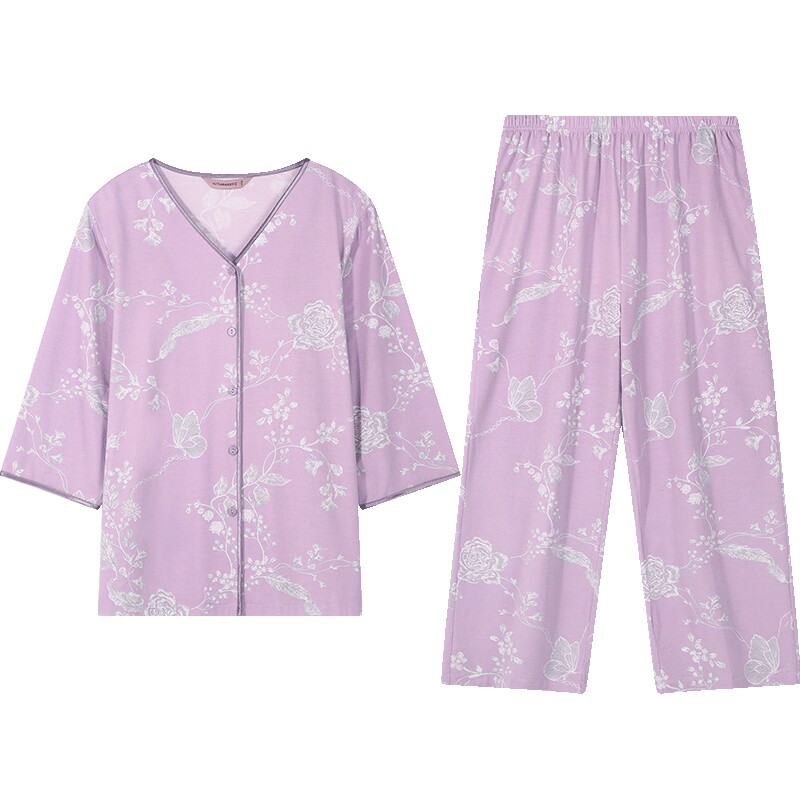 50/50莫代尔单面抗菌印花V领女套