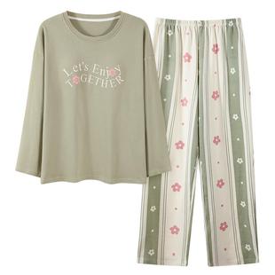 日本GP春秋季女士睡衣带胸垫紧密棉家居服套装双面料宽松可外穿