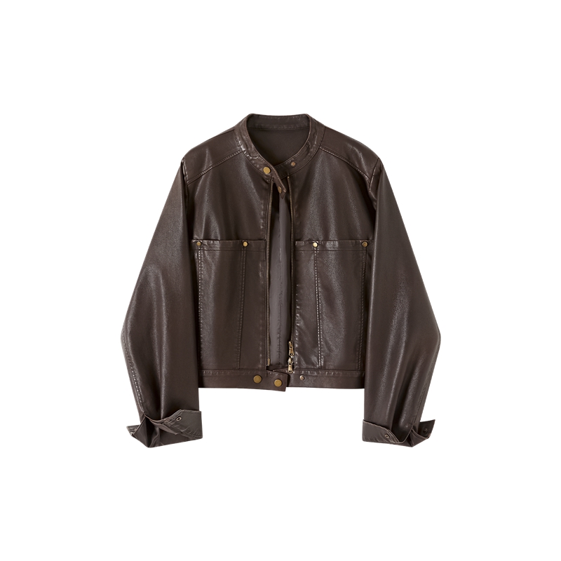 她池PU外套2025秋装新款女装时尚美式宽松款立领拉链长袖短款上衣