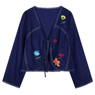 落落狷介 亚麻衬衫女2025年V领长袖系带上衣设计感小众刺绣棉麻