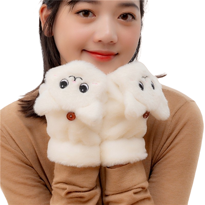 保暖加厚卡通学生毛茸茸半指手套