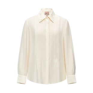 LILY2026春新款女装法式简约翻领钉珠气质通勤奶白色长袖衬衫外套