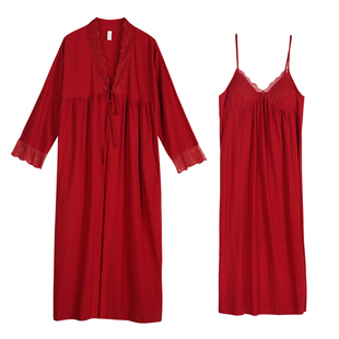 轩靓带胸垫睡裙女士春秋季纯棉长袖睡袍睡衣两件套红色晨袍家居服