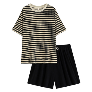 悦内情侣睡衣女夏季短袖短裤纯棉家居服休闲时尚条纹男士夏款套装