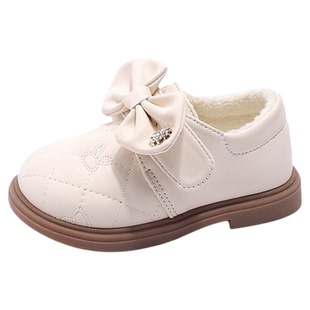 女童蝴蝶结小皮鞋秋冬加绒保暖软底单鞋2026新款浅口百搭公主鞋子