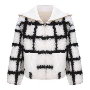 tanni新款甜美拼接针织设计感绵羊毛外套TM31OW001A