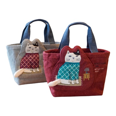 Kusuguru磨毛刺绣猫咪托特包