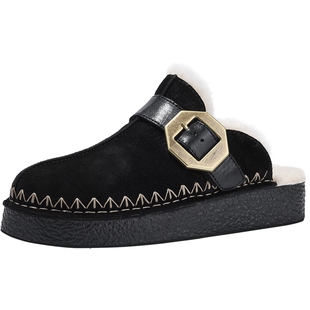 BellaLily2025冬季新款加绒羊毛勃肯鞋女磨砂牛皮穆勒半拖鞋棉鞋