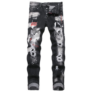 潮牌破洞乞丐牛仔裤男款美式修身小脚机车高端轻奢弹力休闲长裤子