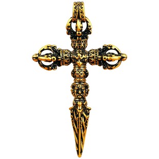 黄金黑烤漆金属工艺三面金刚普巴杵金刚橛十字杵吊坠足金999项链