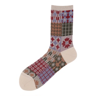 Tabio袜子女秋冬高弹透气提花设计中筒袜日系复古民族风文艺长袜