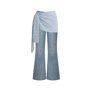 Kroche 慵懒休闲 假两件格纹绑带裙帘 高腰显瘦微喇牛仔裤