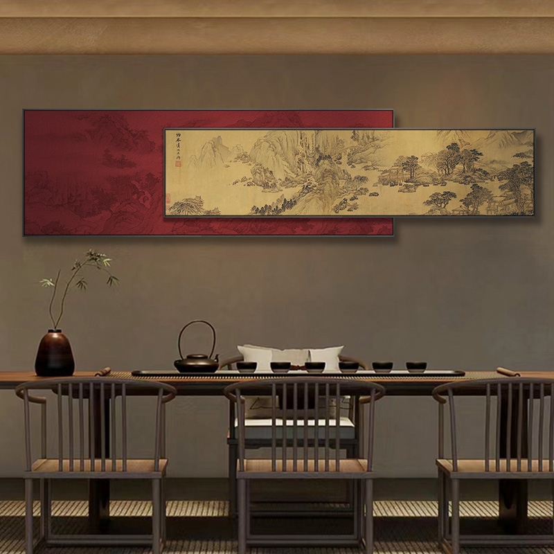 新中式客厅沙发背景墙叠加装饰画中古风茶室民宿挂画办公室山水画