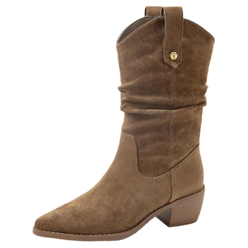 康莉粗跟堆堆靴女冬季新款尖头复古西部牛仔靴粗跟长筒靴子美拉德