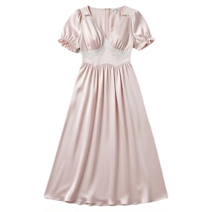 法式女士带胸垫短袖睡裙女款收腰冰丝性感纯欲风睡衣女长款家居服