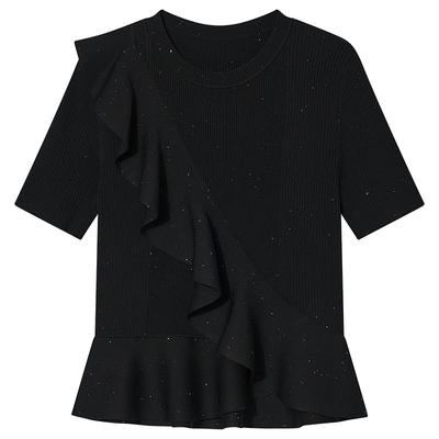 Goodland美地夏季细支双曲纱线荷叶花边细闪毛针织衫