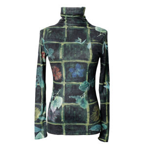 网纱打底衫女2025秋季新款修身高领长袖复古方格印花墨绿色上衣