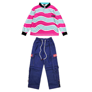 儿童街舞演出服秋冬嘻哈拼色polo衫牛仔裤套装街舞hiphop儿童潮服