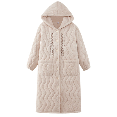 睡袍女冬款三层夹棉加厚长款连帽