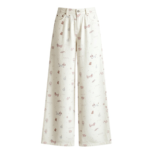 卡通小熊印花牛仔裤女2026新款春秋高腰显瘦可爱风休闲直筒阔腿裤