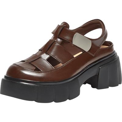 百思图2025夏季新款时尚复古休闲猪笼鞋粗跟后空女凉鞋BP756BH5