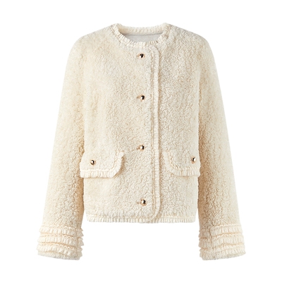 MISSCOCOON可可尼白色环保皮草女2025冬季新款小香风仿羊羔毛外套