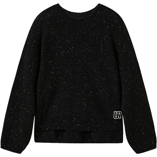 URLAZH有兰新款羊绒黑色休闲短款廓形慵懒圆领针织毛衣女EM4KT12