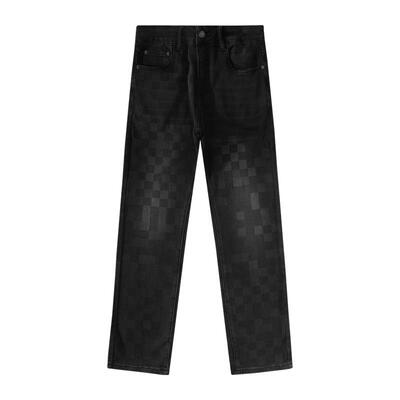 BAIRBAOLIY男装时尚潮流牛仔裤高端经典棋盘格复古做旧修身直筒裤