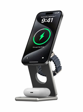 mipow三合一无线快充磁吸充电支架适用于适用iphone15pormax手机applewatch手表苹果14快充支架耳机充电支架