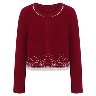 粉蓝衣橱2025秋冬新款奢华小香风重工钉珠红色绵羊毛短款外套女