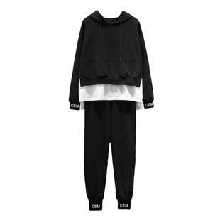 秋冬加绒加厚休闲运动服假两件套装女韩版学生大码宽松时尚两件套