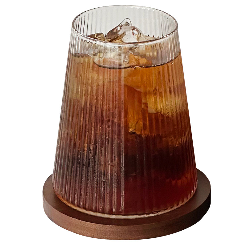 复古日式条纹玻璃杯带杯垫咖啡杯