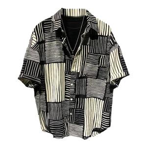 美式潮流新款拼接条纹翻领短袖衬衫夏季拼色复古高级感宽松衬衣男