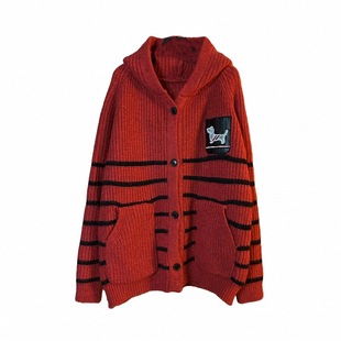 中长款红色连帽毛衣外套女款慵懒高级感2025冬季新款宽松针织开衫