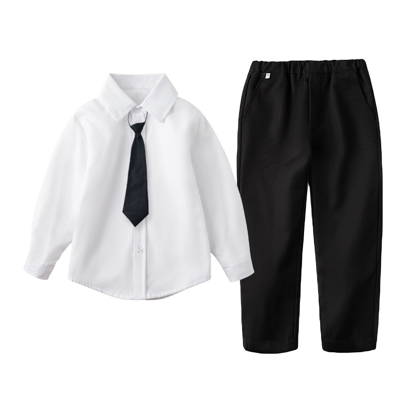 儿童加绒加厚男童演出表演服女童纯白衬衫棉黑色背带裤子校服套装