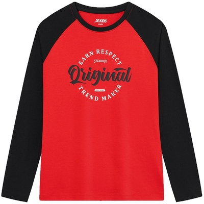 特步童装2025秋冬男童拼接纯棉T恤儿童打底针织衫中大童圆领上衣