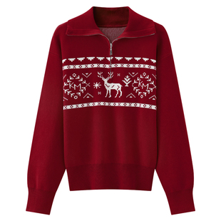 库恩玛维圣诞氛围感半拉链针织衫卫衣女2025年冬季新款100棉毛衣