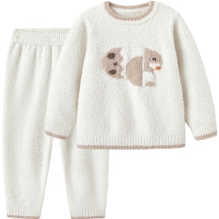 英氏儿童家居服套装保暖加绒红色睡衣冬季半边绒男童女童秋衣秋裤