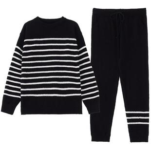 康妮雅珊瑚绒睡衣女秋冬季半边绒圆领长袖条纹家居服套装大码保暖