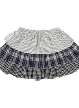 幼悠女童短裙夏季新款拼接格纹蛋糕裙防走光小女孩可爱宽松半裙潮