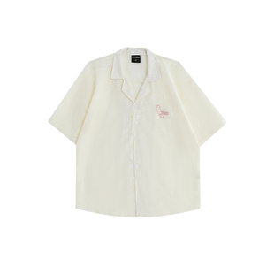 INSstudios 国潮牌情侣美式花朵刺绣镂空衬衫宽松西装领短袖衬衣