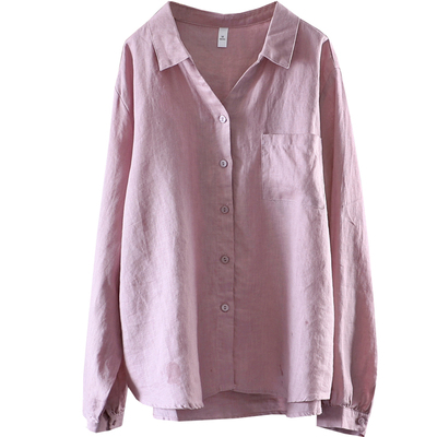 春季百搭纯色翻领长袖亚麻衬衫女