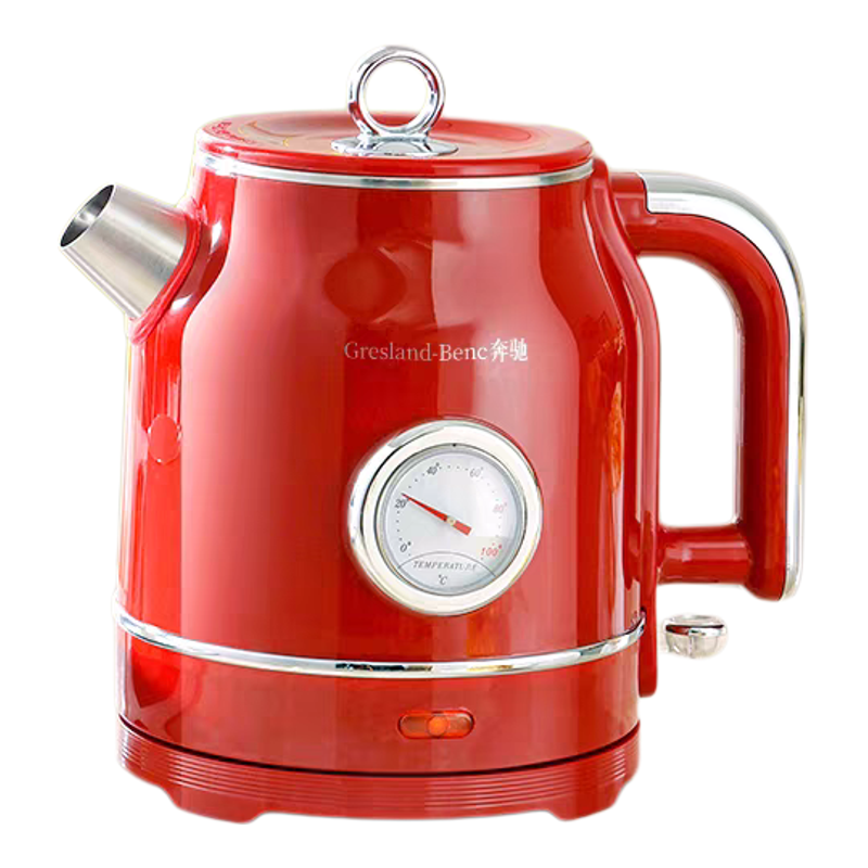 【官方正品】奔驰烧水壶电热水壶家用红色复古不锈钢开水壶大容量