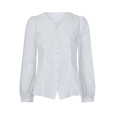 刺绣镂空V领泡泡袖白衬衫上衣